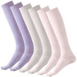Dress Cici Cotton Knee High Non Slip Socks for Pilates and Yoga, Solid Color Cotton Slipper Sock for Women (3 Pack: Khaki+Pink+Purple)
