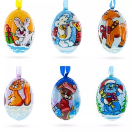 BESTPYSANKY Set of 6 Bunny, Reindeer, Dog and White Bear Wooden Christmas Ornaments 3 Inches