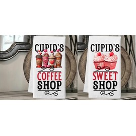 Cupid's Coffee Shop &/or Cupid's Sweet Shop - Valentine Microfiber White Waffle Weave Towel. 16 x 24 in. Absorbent, No Lint, Thick, Reusable, Commercial, Soft, Hand (Coffee Shop & Sweet Shop Towels)