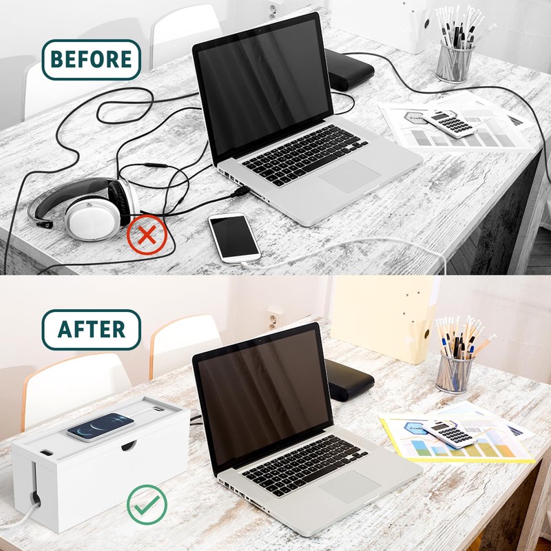 Bamboo Cable Management Box, Large Cord Organizer Box Cable Box
