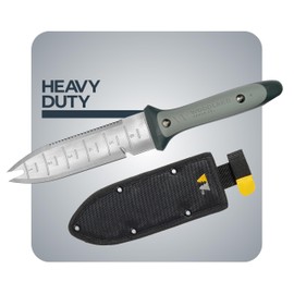 WOODLAND TOOLS Heavy Duty Hori Hori Garden Knife - Stainless Steel Soil Knife with Serrated Edge, Depth Markings, and Ergonomic Grip, Multi-Use Weeding and Digging Tool with Sheath for Gardening