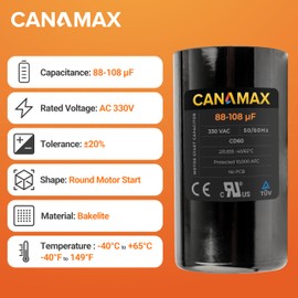 Canamax Premium 88-108 uf/mfd 330VAC Volts Round Motor Start Capacitor 50/60 Hz AC Electric - Compatible with AC Motor Run or Fan Start and Cool or Heat Pump Air Conditioner