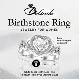 Belinda Jewelz - Heart Shaped Birthstone Ring, 7mm Cubic Zirconia Birthstone Rings for Women, 925 Sterling Silver Birthstone Rings, Promise Rings for Women, White Topaz, Size 10