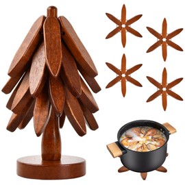 Mapille Wooden Coasters for Hot Dishes, Tree Shaped Coasters, Tree Coasters, Wood, 4 Wooden Coasters + 1 Stand, Foldable Wooden Pad for Hot Dishes/Pot/Bowl (B)