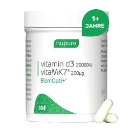 Nupure® Vitamin D3 K2 20000 IE + Vitamin K7 200 mit 1 Mrd CFU Lactobacillus Rhamnosus NU11 Hochwirksame 3-in-1 Formel mit veganem D3, natürlichem K2, Non-GMO, magenresistent, 30 Kapseln BiomOpti+®