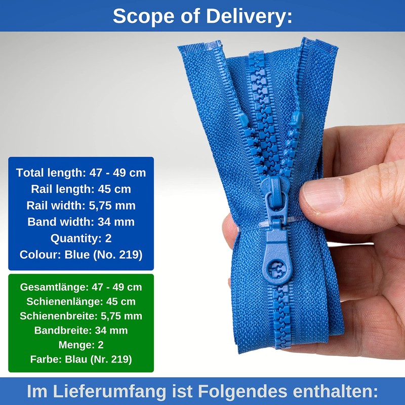 Separable Zipper, 2 Pack, 45cm Rail Length, in White, 1-Way