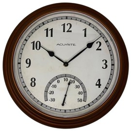 AcuRite 02368CAL: 13.5-Inch Indoor/Outdoor Round Analog Clock & Thermometer, All-Weather Frame, Copper Finish, Quartz Timekeeping