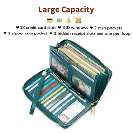 GOIACII Women's Wallet Wristlet Travel Long Purse RFID Ladies Credit Card Wallet Embossed Flowers Leather Teal