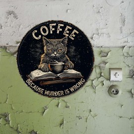 Round Tin Painting Coffee Because Murder Is Wrong Funny Black Cat Vintage Round Metal Sign Funny Bar Coffee Sign for Cafe Kitchen Club Bar Home Wall Art & Decor Gift 12.00" x 12.00" Tin Painting