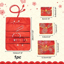 AHANDMAKER 4 Pcs Jewelry Silk Purse Pouchs, 4 Styles Vintage Flower Embroidery Damask Cloth Roll Chinese Style Brocade Organizer with Snap Button and Zipper Small Gift Bags for Travel Storage Jewelry