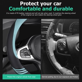 Mandark Carbon Fiber Car Steering Wheel Cover, Anti-Slip 15 Inch PU Leather Vehicle Steering Wheel Protector, Auto Interior Protection Accessories, Universal for SUV Sedan Truck (Green)