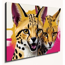 The Plum Penguin Pop Art Serval Cat Wall Art Set, A4 Dual MDF Wood Panels, Bright Home Decor Canvas Alternative 40 x 30cm