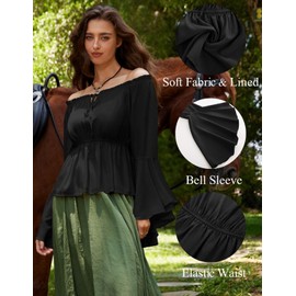 SCARLET DARKNESS Womens Renaissance Peasant Blouse Off Shoulder Renaissance Pirate Blouse Steampunk Shirt Black M