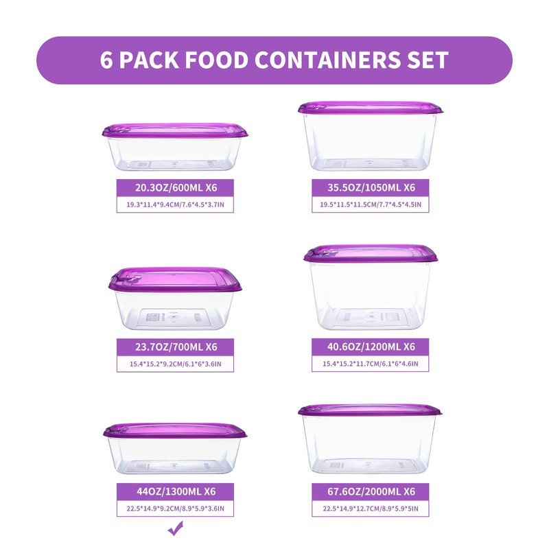 KIGI 6 PACK 40OZ Rectangular Meal Prep Container Plastic Food