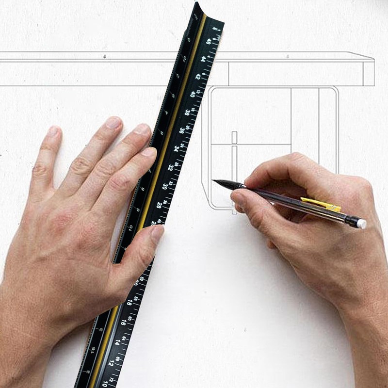 Solid Aluminum Triangular Architect Scale Ruler Set 4pcs, 3-Colors-Groove Architectural