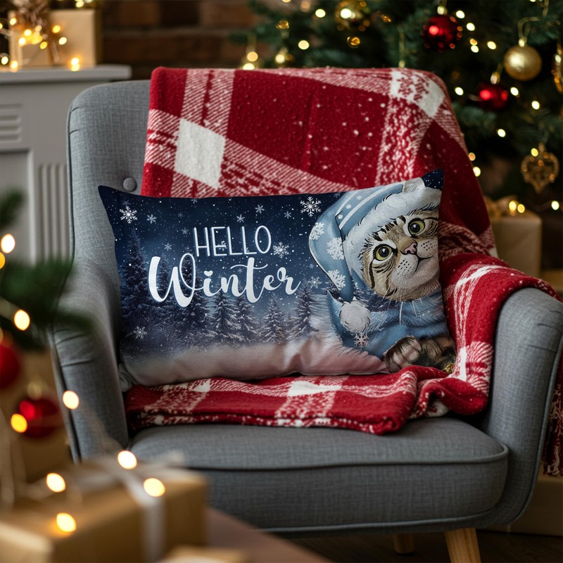 Rustic Christmas Winter Cat Pillow Covers 12x20, Cat Lover Lady