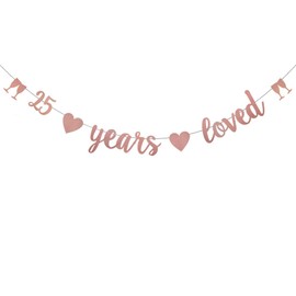 WEIANDBO 25 Years Loved Rose Gold Glitter Banner,Pre-Strung,25th Birthday/Wedding Anniversary Party Decorations Bunting Sign Backdrops,25 Years Loved