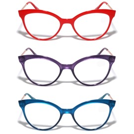 V.W.E. 3 Pairs Women Cateye Pointed Tip Reading Glasses - Metal Temple Cat Eye Readers (Red Purple Blue, 1.75)