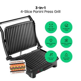Chefman Panini Press Grill and Gourmet Sandwich Maker Non-Stick Coated Plates, Opens 180 Degrees to Fit Any Type or Size of Food, Stainless Steel Surface and Removable Drip Tray, 4 Slice, Black