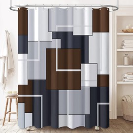BTTN Brown Fabric Shower Curtain - Geometric Shower Curtain Set with 12 Plastic Hooks, Water Repellent, Machine Washable, Modern Decorative Polyester Cloth Shower Curtains for Bathroom - 72x72
