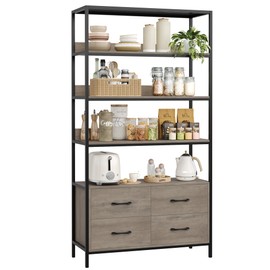 HITHOS 5 Tier Bookshelf with Drawers, 71" Tall Bookcase with Shelves, 35.4" Wide Free Standing Book Storage Shelf, Modern Wood Display Cabinet for Living Room, Study, Home Office, Ash Grey