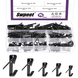 Swpeet 75Pcs 5 Sizes 10lb/20lb/30lb/50lb/100lb Black Picture Hangers with Nails Assortment Kit, Metal Picture Hanging Hooks, Heavy Duty Frame Picture Hooks, Picture Hanging Hardware for Drywall