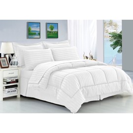 Elegance Linen Wrinkle Resistant - Luxury Silky Soft Dobby Stripe Bed-in-a-Bag 8-Piece Comforter Set - King White