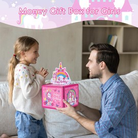 Meiidoshine Birthday Money Box for Cash Gift Pull, Pink Surprise Money Gift Boxes for Girls, Money Roll Box with 100Pcs Transparent Bags, A Fun and Loving Way to Gift Cash for Birthdays