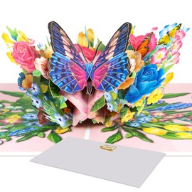 3D Pop-Up Butterfly Greeting Card with Flowers for Mother's Day Birthday Anniversary, Floral Card with Roses Lilies Wildflowers Includes White Envelope and Blank Note Card for Wife, Girlfriend, Mom
