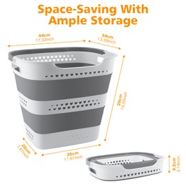 ZAUNFOOY 42L Collapsible Plastic Laundry Basket Hamper with Handles, Foldable Laundry Basket, Pop Up Storage Container Organizer for Washing Storage Grey