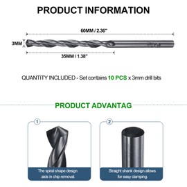 METALLIXITY Drill Bit (3mm) 10Pcs, 4241 High-Speed Steel Straight Shank Nitriding Black 118° for Wood Plastic Iron Copper Aluminum Low Soft Metal