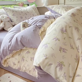 Covebett Bed Linen 135 x 200 cm White with Purple Flowers Lavender Floral Pattern Botanical Bed Linen Set Aesthetic Hearts Flowers Plant Pattern Duvet Cover with Zip and Pillowcase 80 x 80 cm