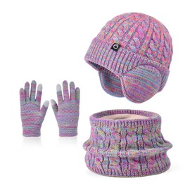 Fjquamitix Kids Winter Hat Scarf and Gloves Set,Warm Thermal Knitted Beanie Cap（with Earmuffs） Snood Neck Warmer Touchscreen Mitten with Soft Fleece Lining for Girls Boys Age 4-10 (Colorful)