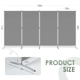 RANTILA 4 Panel Room Divider, 6 Ft Tall Folding Privacy Screen Room Dividers, Freestanding Room Partition Wall Dividers, 136''W x 20''D x 71''H, Grey