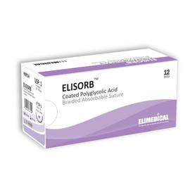 Elimedical ELISORB Suture with Reverse Cutting Needle, 12 Pack. Surgical Wound Training Students, Practice and Educational Use. Multifilament Absorbable Material 1 PGA, 30”, CP1, Violet 468PGA