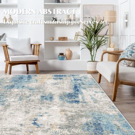 Deerly Large Area Rug Living Room Rugs 8x10, Modern Abstract Area Rug, 8x10 Washable Large Bedroom Rug with Non Slip Rubber Backing for Under Dining Table Office Bedroom Indoor, Blue/Grey/Ivory