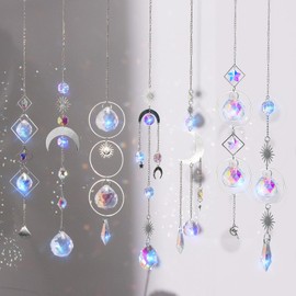 nuyikaso Pack of 7 Suncatcher Crystal Hanging Wind Chimes Rainbow Sun Moon Pendant Crystals Ornament Crystal Balls for Window Home Garden Christmas Day Party Wedding Decoration Silver