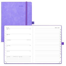 POPRUN Weekly Planner 2026 (Medium 6.5" x 8.5") Calendar 12 Months Notebook with Horizontal Layout, Leather Soft Cover, Monthly Tabs, Inner Pocket, 100GSM Thick Paper, Pen Holder - Lilac