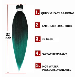 Pre-Stretched Braiding Hair Extensions Ombre Black to Green - 32 inch 8 Packs Synthetic Crochet Braids, Hot Water Setting Professional Soft Yaki Texture. (32inch,#1B/Green)