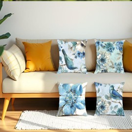 Blue Birds Throw Pillow Covers 18x18, Outdoor Flowers Cushion Covers, Garden Floral Cushion Case, Farmhouse Pillow Case for Holiday Home Seasonal Summer Decor, 4 Pack
