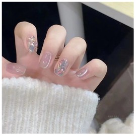 Lwenjing Nail Tips, 30 Pieces, 3D Nail Tips, Handmade Nail Tips, Short, Spring and Summer, Popular Japanese Style, Cute, Simple, Stylish, Bride, Shiny, False Nails, Double-Sided Tape, Coming of Age