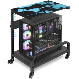 Computer Tower Stand Height Adjustable 2 Tier Floor Stand for Extra Large CPU with Guard Rail Locking Caster 32.7" X 21.6" X 15.8"