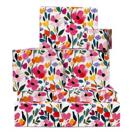 Flower Wrapping Paper - 6 Sheets of Wrapping Paper - Acrylic Painted Flowers - White Wrapping Paper for Wedding, Bridal Shower, Birthday, Spring - Recyclable - by Central 23