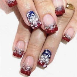 KTAABTR French Tip Press on Nails Short Square Independence Day Star Fake Nails with Glue Red Blue Glitter Glossy Acrylic Nails for Women Girls DIY Full Cover False Nails Stick on Nails