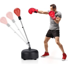 LDALY Punching Bag with Stand for Adults & Teens, Reflex Speed Bag with Gloves & 55”-62.5” Adjustable Height, Freestanding PU Boxing Bag for Home, Gym Workout Training, Stress Relief, Fitness (Red)
