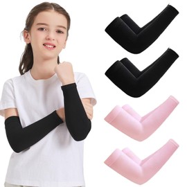 IOFLIGGA 4 Pairs Arm Sleeves for Kids,UV Sun Protection Cooling Arm Sleeves for Youth Boys Girls Toddler,Sports,Running,Baseball,Gaming(2Black+2Pink)