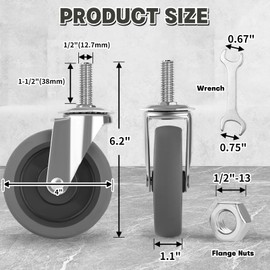 Besitu 4 Inch Caster Wheels, 1/2"-13 Inch Course Threaded Stem Caster Set of 4, Heavy Duty TPR Swivel Caster Wheels for Dolly Cart, Wire Shelving Industrial Screw in Casters