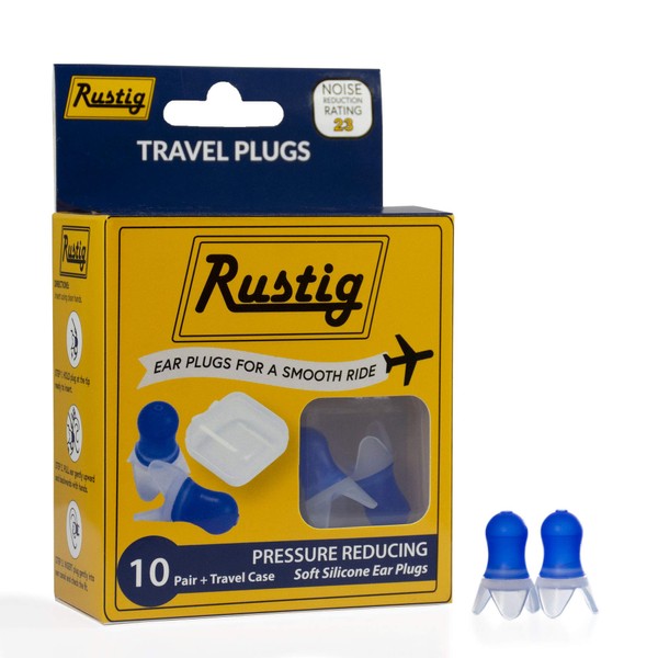 Rustig Pressure Reducing Silicone Travel Ear Plugs with Travel Carrying Case - Up to 23 Decibel Hearing Protection (10 Pair), Reusable and Hand Washable
