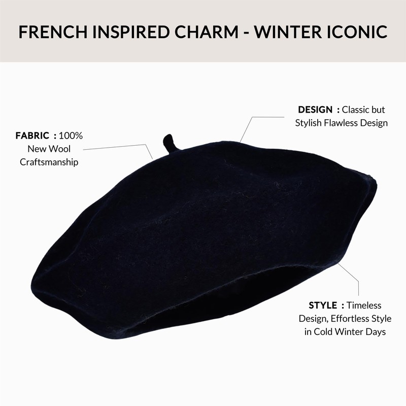 Basic Sense Plain Beret Hat 100% Wool French Beret Winter