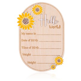 Baby Announcement Sign, 5.9in Newborn Announcement Sign, Oval Sunflower Hello World Sign, Wooden Welcome Birth Baby Name Board Plaques for Boys Girls, Photo Props Baby Shower Hospital Nursery
